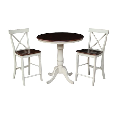 International Concepts K12-36RT-6B-32 36 in. Round Pedestal Gathering Height Table with 2 X-Back Counter Height Stools -3 Piece Set